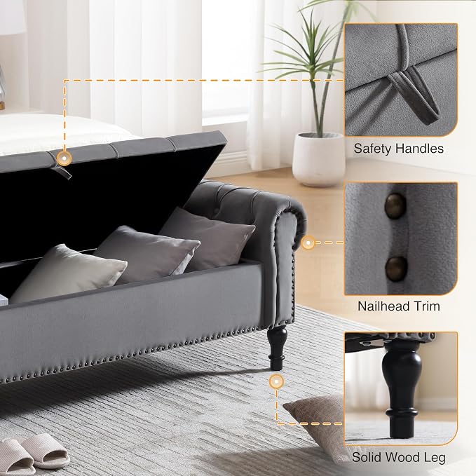 Velvet Storage Bench 67 Inch Upholstered Tufted Ottoman Bench with Rolled Arms Large Storage Space King Size End of Bed Bench for Bedroom Living Room Entryway Grey