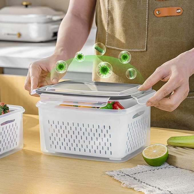 Freshmage Fruit Storage Containers for Fridge with Removable Colander 8 pcs | Airtight Food Storage Container Dishwasher Safe Produce Saver for Refrigerator Keep Berry Fruit Fresh Longer Small Clear