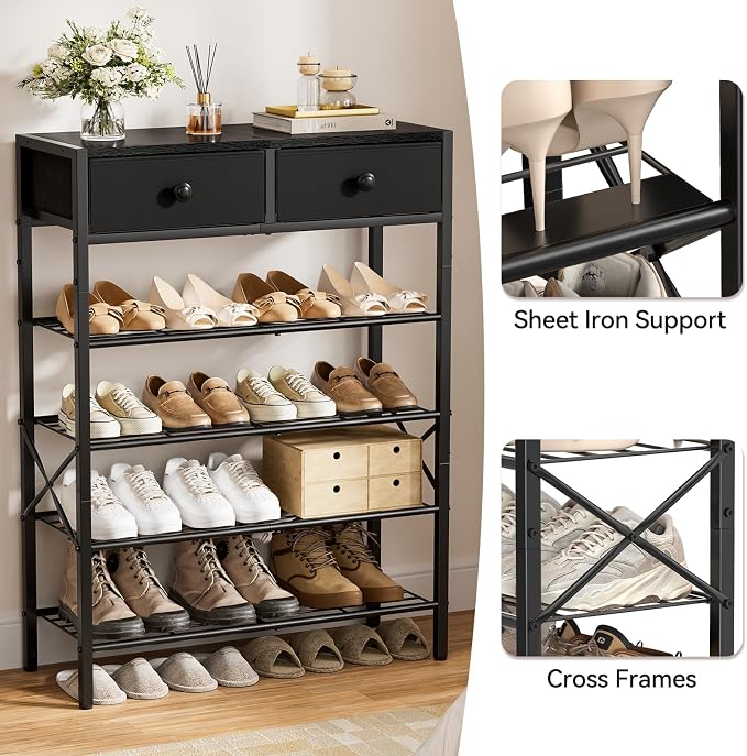 5 Tier Shoe Rack with 2 Drawers, 16-20 Pairs Charcoal | Holds 16-20 pairs. 2 drawers for socks/keys. Removable layer for boots. Anti-tip kit included. Quick assembly.