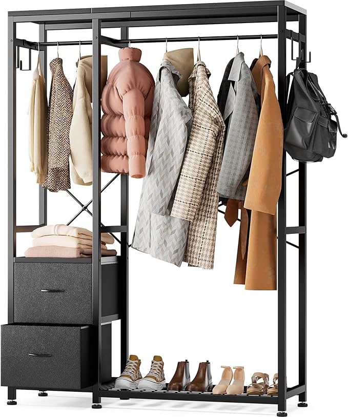 Lulive Clothes Rack with 2 Rods, Shelves, Drawers & Hooks, Garment Rack | Clothes rack with 2 hanging rods (50lbs each), 2 shelves, 2 fabric drawers & 4 hooks. 300lb total capacity. Fits small spaces