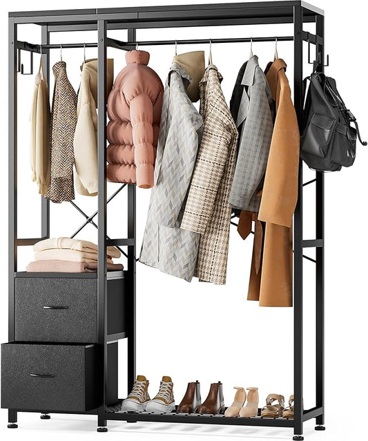 Lulive Clothes Rack with 2 Rods, Shelves, Drawers & Hooks, Garment Rack | Clothes rack with 2 hanging rods (50lbs each), 2 shelves, 2 fabric drawers & 4 hooks. 300lb total capacity. Fits small spaces