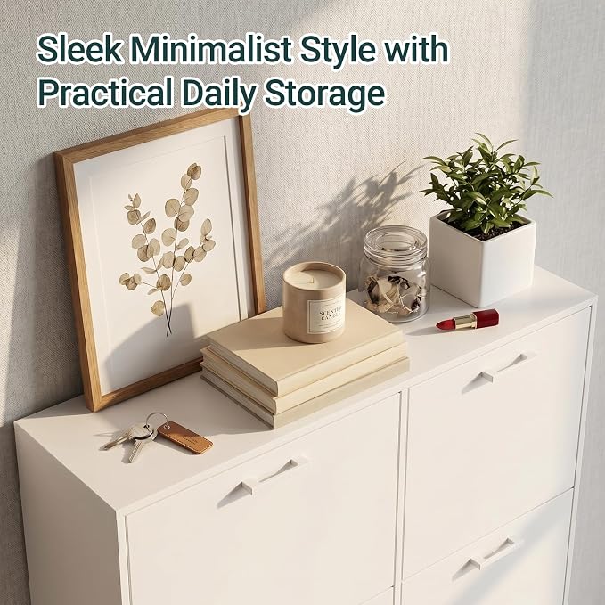 Shoe Cabinet with 4 Flip Drawers, Narrow Freestanding Shoe Organizer, Hidden Slim Shoe Storage Cabinet for Entryway, Hallway, Living Room, White