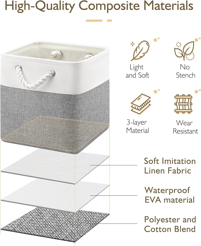 Patvingot 11-Inch Fabric Cube Storage Bins with Handles,6 Pack,Foldable | For cube shelves and closets,keeps grouped for everyday access,reinforced opening and fold-flat storage,white and gray