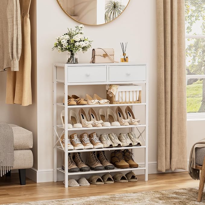 5 Tier Shoe Rack with 2 Drawers, 16-20 Pairs Greige | Holds 16-20 pairs. 2 drawers for socks/keys. Removable layer for boots. Anti-tip kit included. Quick assembly.