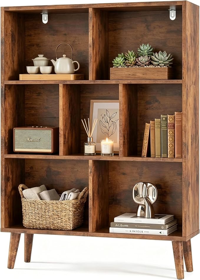 HealSmart 7 Cube Storage Organizer, 3 Tier Bookshelf with Legs, Free Standing Cube Bookcase for Living Room, Bedroom, Office, Brown