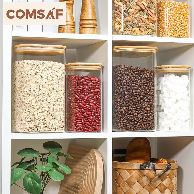 ComSaf Glass Storage Jars with Bamboo Lids 4.6 Qt Large Pantry Square | Cabinet Organization, Flour Sugar Coffee Beans, Pasta Cereal Dry Food, Big Capacity, Dry Food Storage