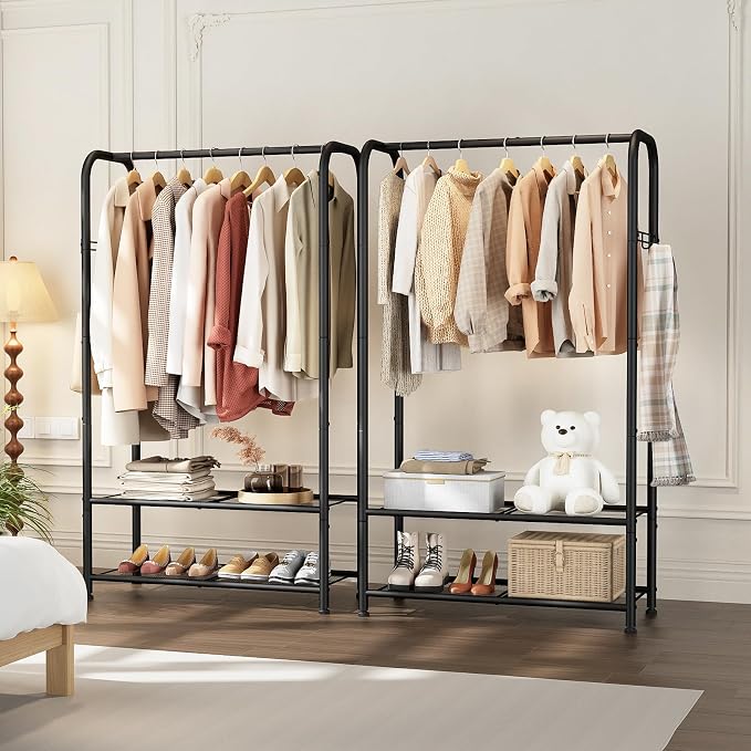 SINGAYE Wardrobe Standing Closet Clothing Rack With Shelf Hanging Clothes | Wardrobe Open Compact Small Metal Garment Hanger Stand Alone Free Standing Black Closet Rack Storage Organizer Heavy Duty