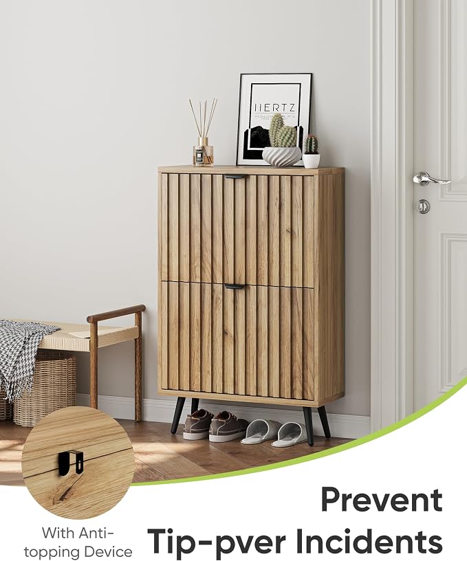 Shoe Storage Cabinet, Fluted Shoe Cabinet Storage for Entryway, Hidden Shoe Cabinet with Metal Legs,Shoe Organizer Cabinet with Flip Doors, Slim Entryway Shoe Storage Cabinet,Natural Wood-23.5in