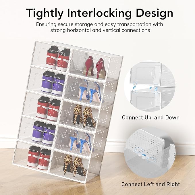 Foluck X-Large Shoe Storage Box, 15 Pack Clear Plastic Stackable Shoe Organizer for Closet, Interlocking Design Shoe Container Bins for Sneakers, Foldable Shoe Rack with Lids, White