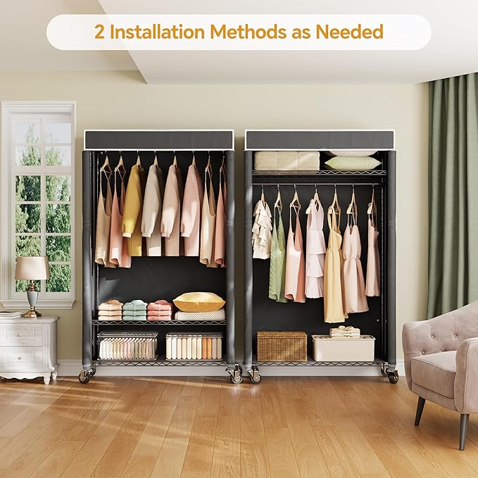 Higeego H4 Clothing Rack with Cover, Rolling Heavy Duty Clothes Rack, Black | Garment Rack on Wheels, Portable Closet for Hanging Clothes, Black Clost Rack with Black Fabric Cover, Max Load 380LBS