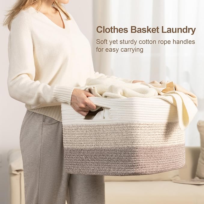 45L Small Woven Laundry Basket Hamper with Handles, Gradient Brown | collapsible wicker hamper, storage for dirty clothes, toys, blankets, gifts, living room, bedroom, bathroom, 18"x14"x11"