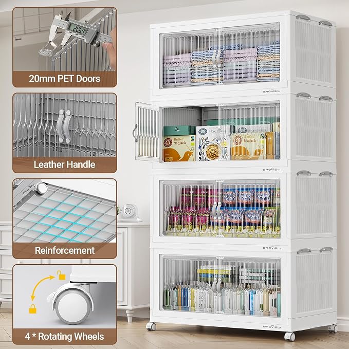 BROVIEW 800 Qt Extra Large Stackable Storage Bins with Lid, Plastic Closet Organizer and Storages Drawer, Collapsible Storage Box with Wheel, Folding Storage Cabinet for Closet Organizing, 4Pack White