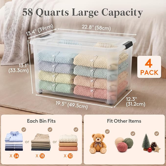 Lifewit 58Qt Storage Bins with Lids, Plastic Large Latches Boxes with Wheels, Clear Totes Tubs Container for Closet Organizers and Storage, Bedroom, Clothes, Craft, 4 Pcs