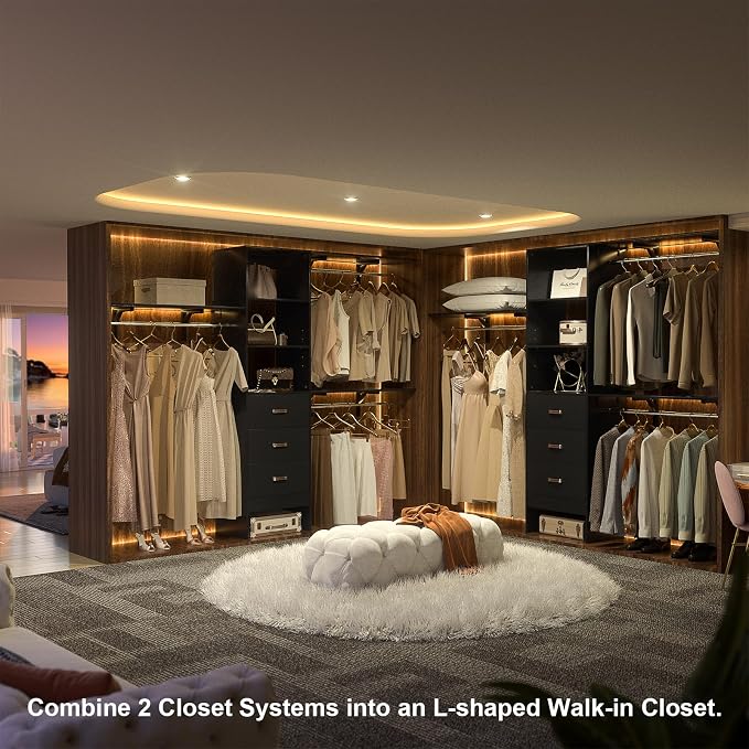 96" Wood Closet System with 3 Enclosed Drawers & 3 Solid Shelves, 8FT Adjustable Closet Organizers and Storage, Heavy Duty Modular Wardrobe for Reach-In & Walk-In, 1000 LBS Load, Black