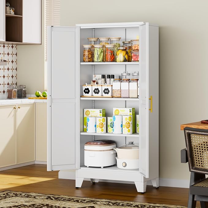 61" White Metal Storage Cabinet with 2 Doors and 3 Adjustable Shelves,Steel Garage Tool Cabinet, File Cabinet,Kitchen Pantry Cabinet for Home,Office,Garage,School,Warehouse