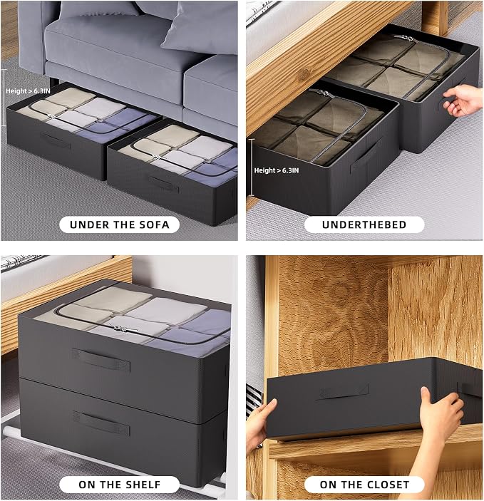 CYhom 3Pcs Under Bed Storage Bins with Metal Frame - Shoe Organizer for Closet with Clear Cover Oxford Fabric Sturdy Underbed Container Foldable Stackable Clothes Organizer (Black, 23.5x15.7x6.3)