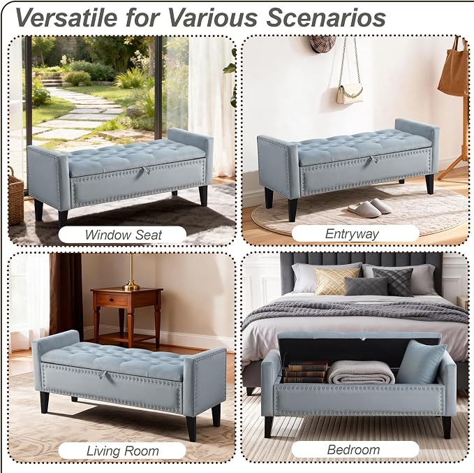 47in Velvet Storage Ottoman Bench with Arms, Upholstered Storage Bench with Wooden Legs, Storage Bench for Bedroom, Living Room, Entryway, Blue Grey