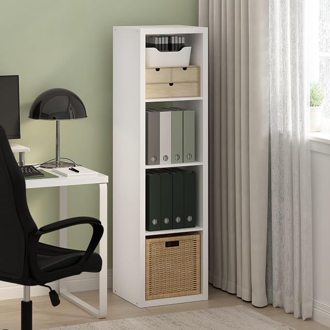 Furinno Cubicle Book Shelf, Vertical 4-Cube Bookshelf, Extra Thick Frame Horizontally & Vertically Reversible Bookcase with Open Back, 14.6" x 16" x 58", for Living Room, Bedroom, Home Office, White