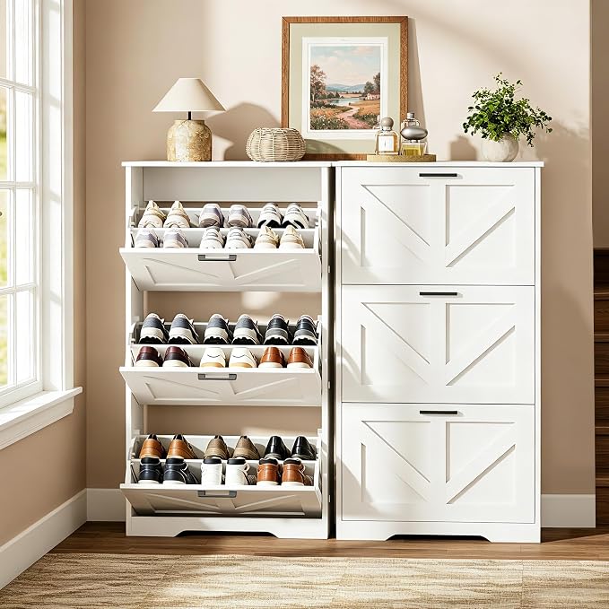Homleke Farmhouse Shoe Cabinet for Entryway, 3 Barn-Style Flip Drawers | Narrow Shoe Storage Organizer, Top Display Shelf, Adjustable Shelves, Shoe Rack, for Hallway Closet, 24" Wide, White