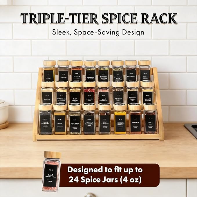 Spice Rack, Spice Organizer -3 Tier Bamboo Spice Racks, Solution for Spice Storage in Kitchens, Countertops，Storage Rooms and Other Places