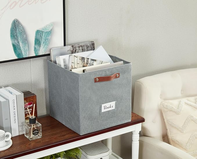 DECOMOMO Storage Bins, Cube Storage Bin with Labels | 13" x 13" x 13" Fabric Storage Cubes for Shelves (6pcs, Texture Grey)