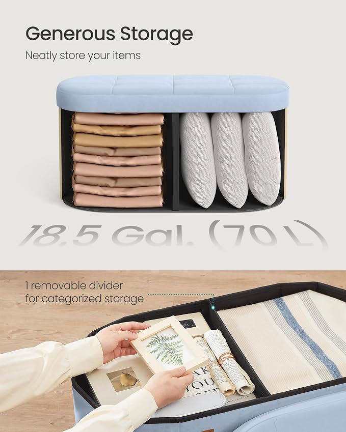 SONGMICS MINOTA Collection - Folding Ottoman with Storage, Oval Storage Ottoman Bench, for Living Room, Bedroom, Velvet Fabric, 15 x 29.9 x 15 Inches, Baby Blue ULSF267QQ01