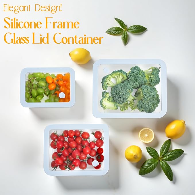 Glass Food Container Set with Silicone Glass Lid, 3 Pack, Airtight, LeakProof, 100% Plastic Free, Meal Prep Food Storage Containers