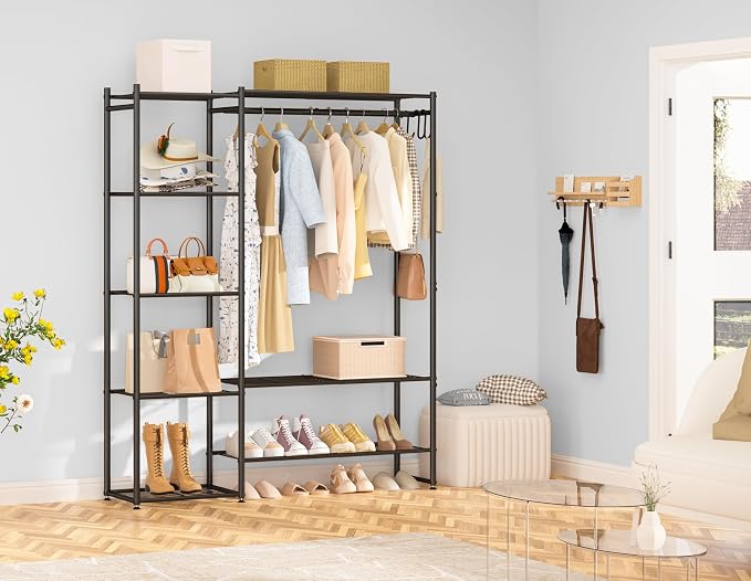 Closet Wardrobe, Closet Organizers and Storage System, Metal Clothes Rack | All in one, With 4 Tiers Shelves, Portable & Free Standing, for Hanging Clothes, for Cloakroom Bedroom