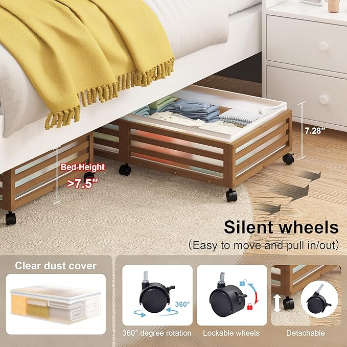 Under Bed Storage with Wheels, 2 Pack Bamboo Drawers for Shoes and Clothes | Fitted dustproof bags, stackable design, smooth pullout access for bedding, blankets, toys and seasonal essentials