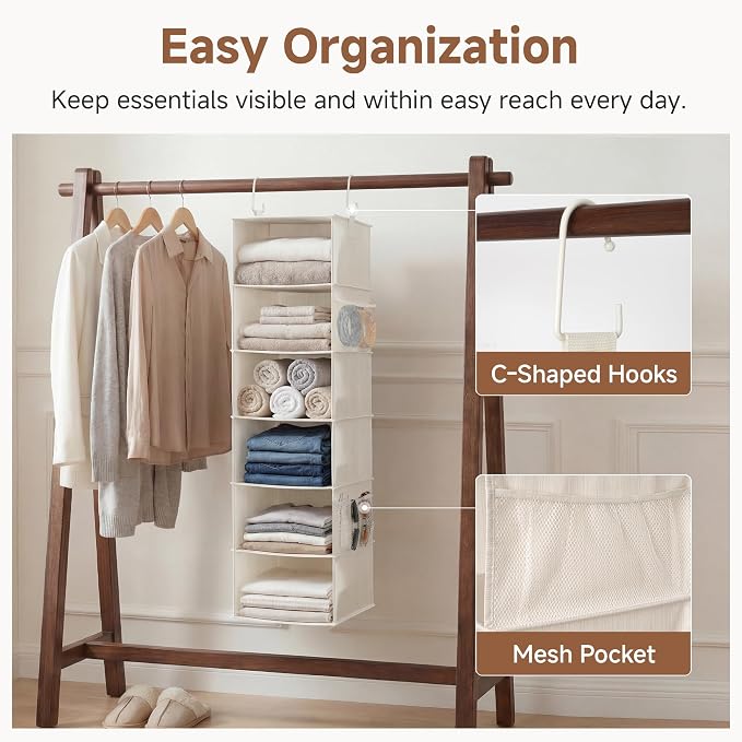 StorageWorks 6-Shelf Hanging Closet Organizer, Hanging Shelves for Closet, Fabric, Mixing of Beige, White & Ivory, 12" D x 12" W x 47 1⁄2" H