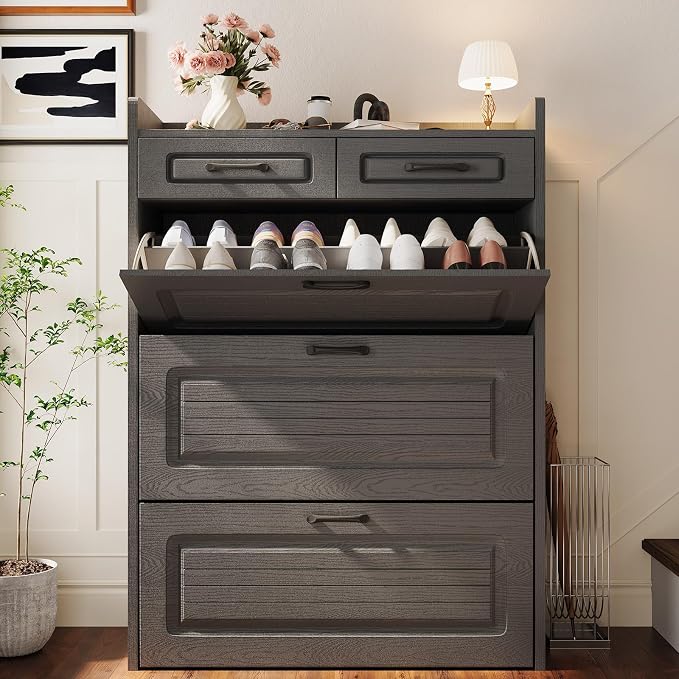 ODUWA Shoe Cabinet with 3 Flip Drawers and 2 Storage Drawers, Shoes Organizer Cabinets with Adjustable Divider, Hidden Shoe Storage Cabinet for Entryway, Hallway, Living Room, Dark Grey