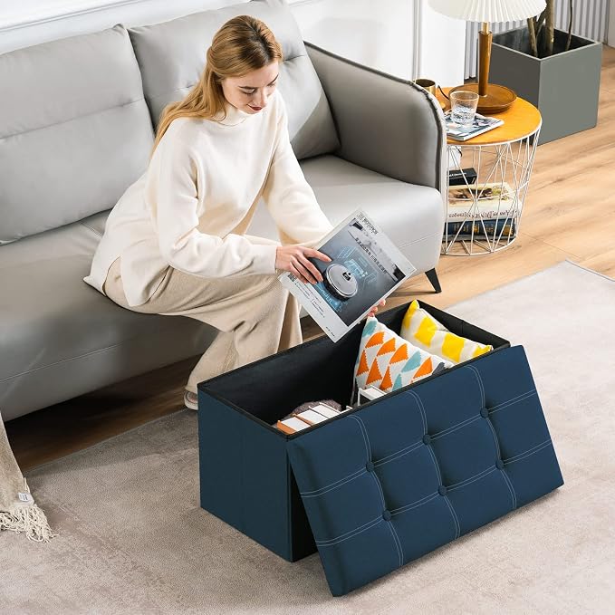 YOUDENOVA 30" Linen Ottoman with Storage, Folding Bench, Blue | Foldable linen ottoman with hidden storage, padded seat and sturdy frame for living room or bedroom.