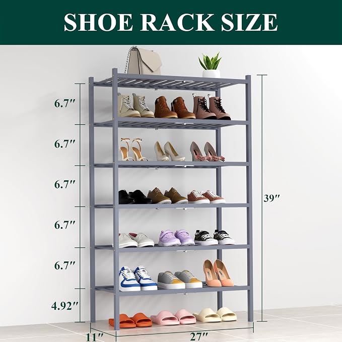 Smiry Bamboo Shoe Rack, 14 Vertical Slats, 6 Tier - 26.8" Wide, Grey | Stackable Free Standing Wooden Shoe Organizer, Wood Shoe Storage Shelf for Closet, Entryway, Thicher Leg
