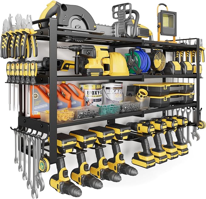 4-Tier Power Tool Organizer Wall Mount, 450LBS Capacity, 8 Drill Holders | 3-Tube Reinforced Design, Holds 50+ Tools, Cordless Tool Organizer, Rust Resistant, Quick Assembly, Garage Gift for Men