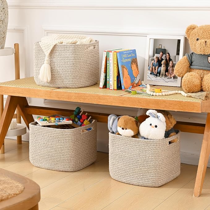 3 Pack Cube Storage Bin, 12”x12”x10” Cotton Rope Woven Baskets for Organizing Toys Clothes Towels, Square Gift Storage Baskets for Shelves, Nursery, Closet, Bathroom, Pantry (Jute)