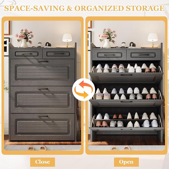 ODUWA Shoe Cabinet with 3 Flip Drawers and 2 Storage Drawers, Shoes Organizer Cabinets with Adjustable Divider, Hidden Shoe Storage Cabinet for Entryway, Hallway, Living Room, Dark Grey