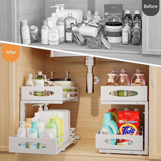 Under Sink Organizer, 2 Tier Under Sink Organizers and Storage, Adjustable Height, Slide out Metal Cabinet Organizers, Pull out Cabinet Storage Drawer Shelf for Kitchen Bathroom (White, 1 Pack)