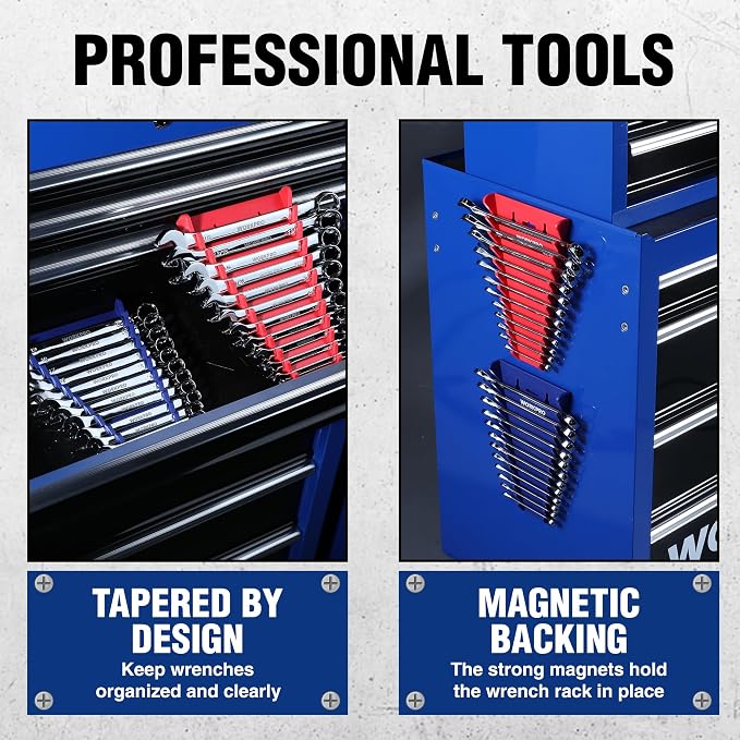 WORKPRO 4-Pack Magnetic Wrench Organizer, Holds 12 Wrenches Each | for Tool Box Drawer Chest, SAE (1/4" - 15/16") and Metric (6 mm - 24 mm)