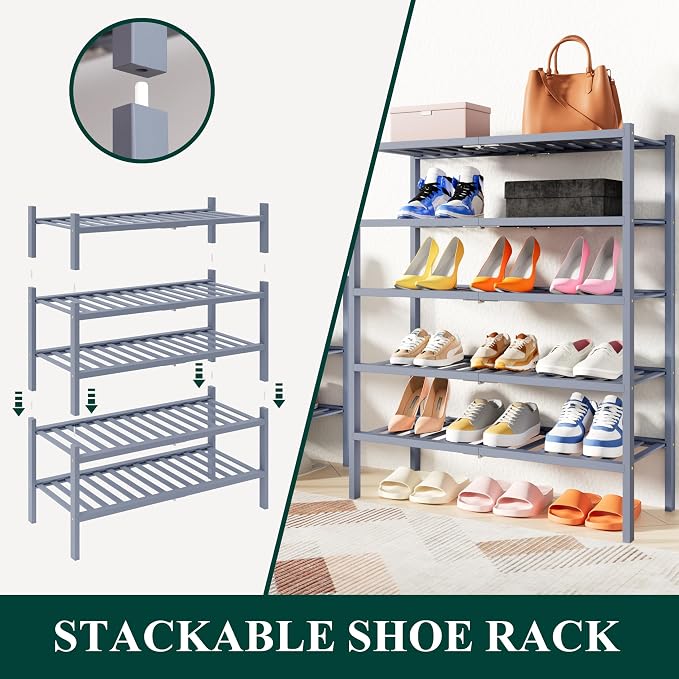 Smiry Bamboo Shoe Rack, 14 Vertical Slats, 6 Tier - 17.3" Wide, Grey | Stackable Free Standing Wooden Shoe Organizer, Wood Shoe Storage Shelf for Closet, Entryway, Thicher Leg
