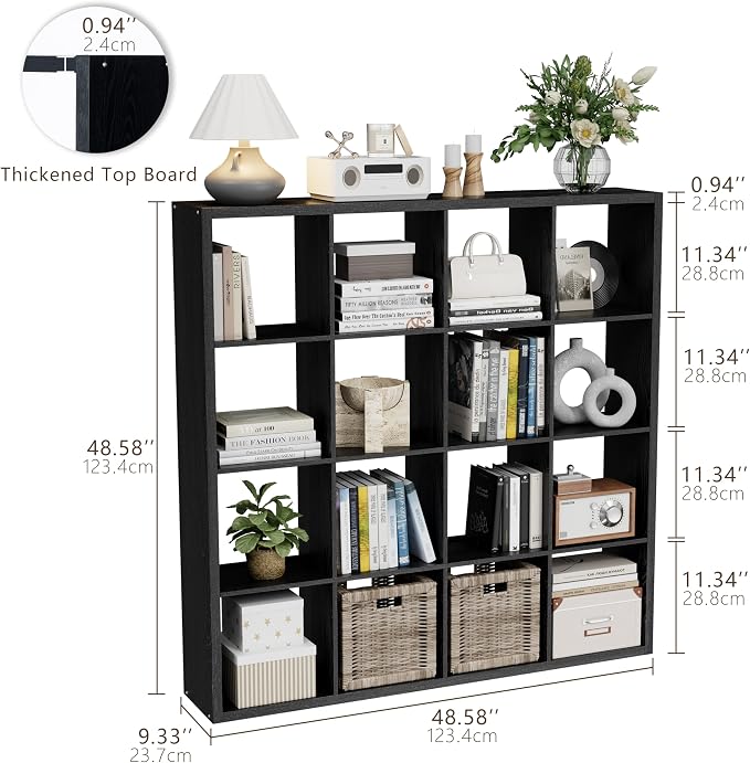 VDNEND Cube Storage Organizer Bookcase, Decorative 11 inch Open Back Cubical Shelf with Thickened Border, Display Bookshelf for Living Room, Home Office, Sturdy Room (Black, 16 Cube)