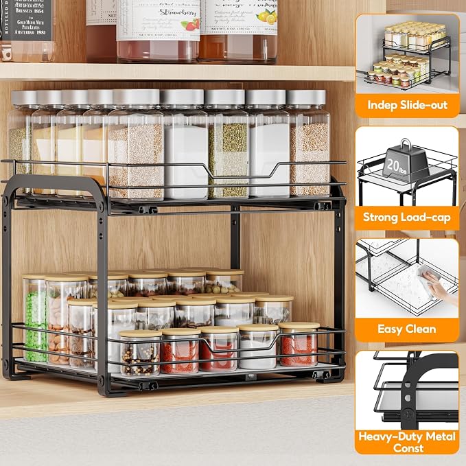 Pull Out Spice Rack Organizer for Cabinet, 2 Tier Spice Rack Organizer for Cabinet, Heavy Duty Slide Out Seasoning Kitchen Organizer, Hold 60 Spice Jar with Labels, 13.58''Wx10.5''Dx9.5''H, Black