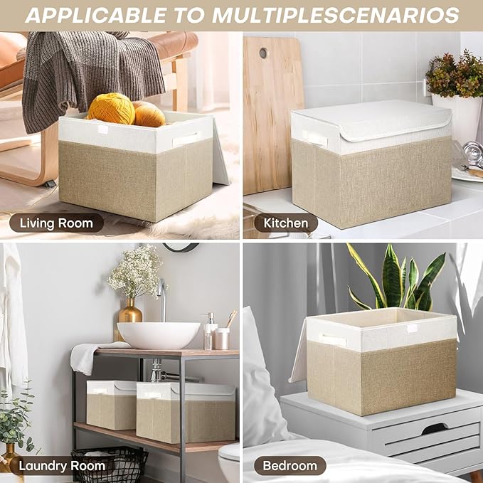 Bagnizer Large 42 Quarts Fabric Storage Bins with Lids [2-Pack] Linen Collapsible Foldable Baskets, Closet Organizer Containers boxes with Handles for Home Office (16.7 x 12 x 12, Beige & White)