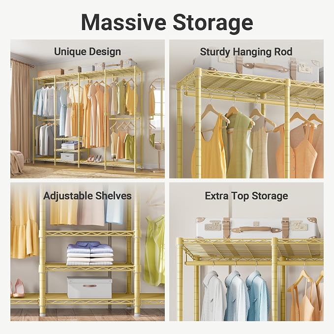 VIPEK V40 Heavy Duty Clothes Rack, Modular Closet System Clothing Rack | 76 inch Adjustable Open Clothing Storage System with 6 Shelves & 4 Hang Rods for Bedroom/Reach-in Closet, Gold