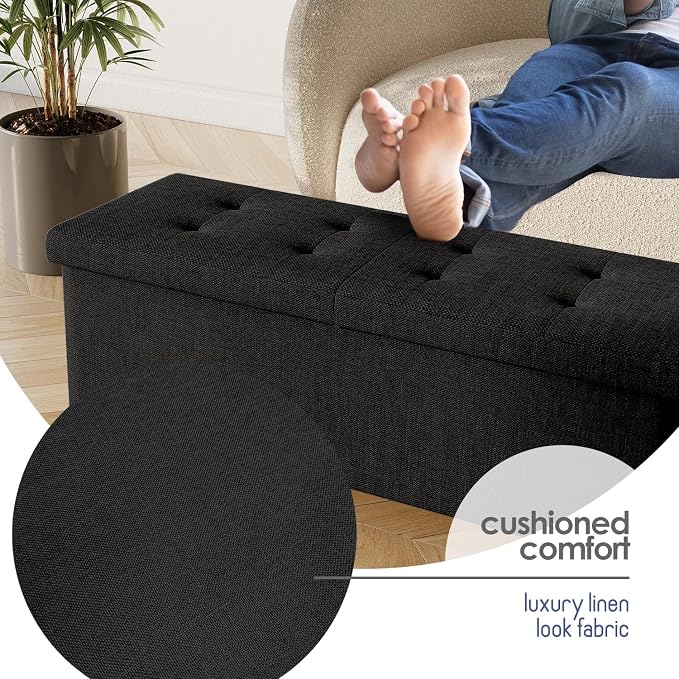 Storage Ottoman Bench with Bins, 43-in Storage Bench for Bedroom End of Bed, Folding Foot Rest Ottoman for Living Room Max 660lbs, Fabric Ottomans, Black