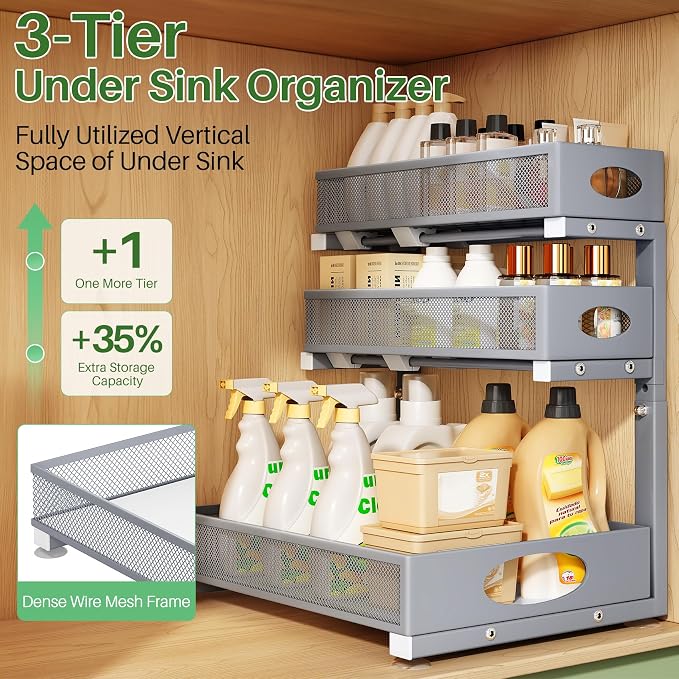 Kitstorack Under Sink Organizer 3-Tier Slide Out Drawer 1-Pack Grey | Height Adjustable, Metal Mesh Storage Rack, Pull out Cabinet Organizer Shelf for Bathroom Kitchen Pantry Home Organization