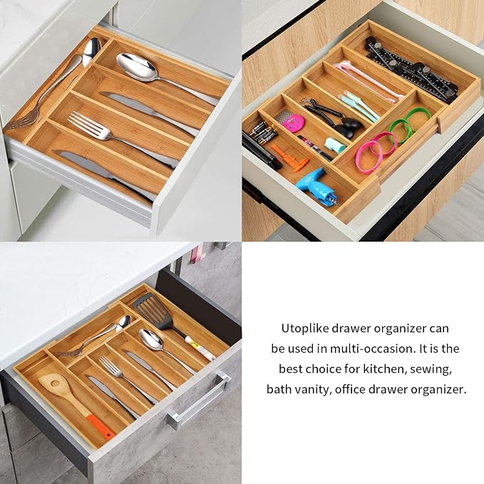 Utoplike Bamboo Cutlery Silverware Tray, Drawer Organizer Kitchen Utensils | Small Drawer Dividers for Flatware Tray Drawer Insert for knives, Gadgets and Garage Tools, Office Supplies, 5-7 Slots