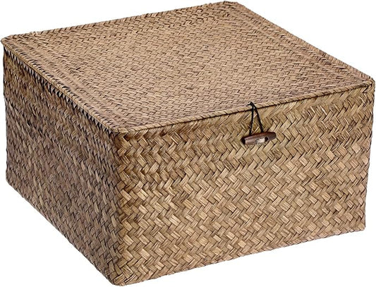 Hipiwe Handwoven Basket Container Seagrass Storage Box Wicker Bin for Fruits Snacks Clothes Books Towels Home Organizer with Lid, Coffee, XX-Large
