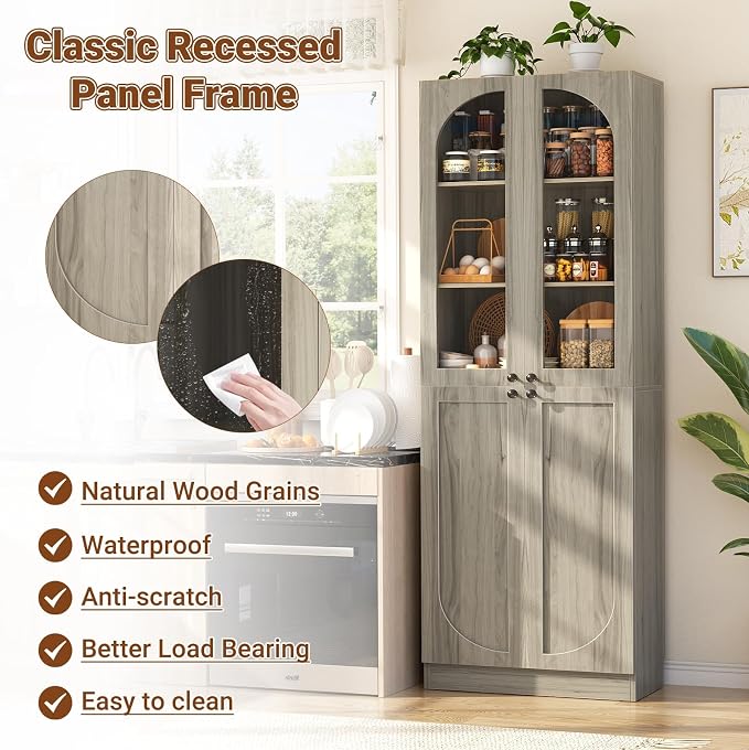 Cyclysio 80" Kitchen Pantry, Tall Arch Storage Cabinet with Tempered Glass & Soft Close Doors, Freestanding Wood Floor Cupboard Bookcase with Seamless Fit Wall for Dining Room, Living Room, Bathroom