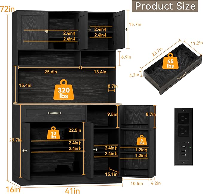 FJTJBSI 72" Kitchen Pantry Cabinet with LED Light and Charging Station Tall Pantry Storage Cabinet with Adjustable Shelves and Door Shelves Modern Kitchen Hutch with Countertop Black