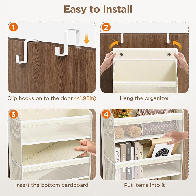 Over The Door Organizer, 6 Tiers Behind The Door Storage Hanging Shelves | Heavy Duty Hanging Organizer Storage with Large Capacity Pockets for Closet Wall Bathroom Bedroom Nursery Pantry, 1 Beige